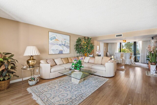 living room featuring a textured ceiling and hardwood / wood-style flooring