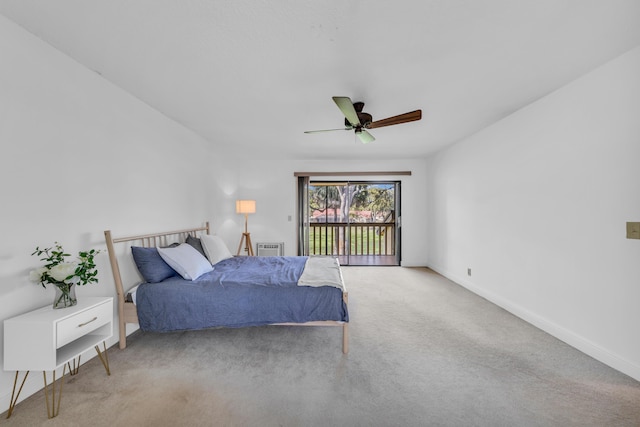 carpeted bedroom with access to exterior and ceiling fan