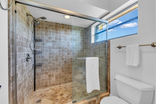 bathroom with toilet and an enclosed shower