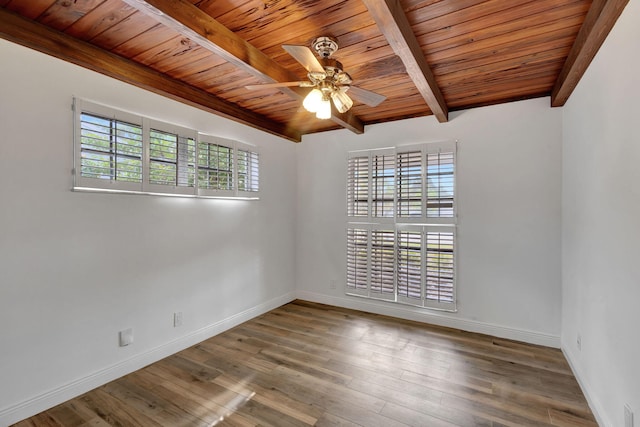 empty room with ceiling fan, hardwood / wood-style floors, wooden ceiling, and beam ceiling