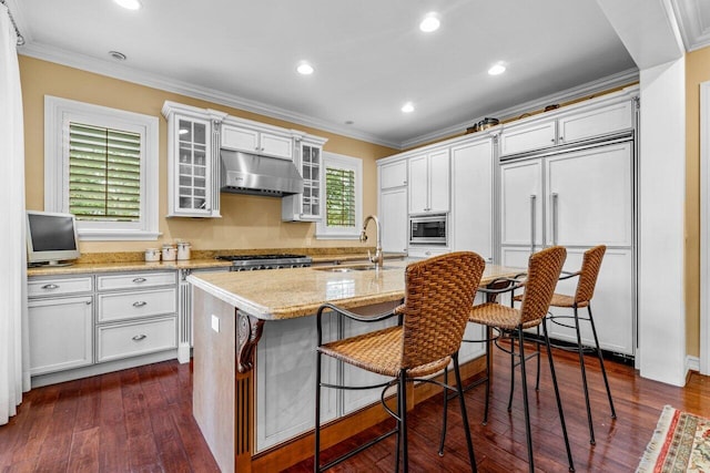 kitchen with white cabinets, sink, an island with sink, dark hardwood / wood-style floors, and a breakfast bar