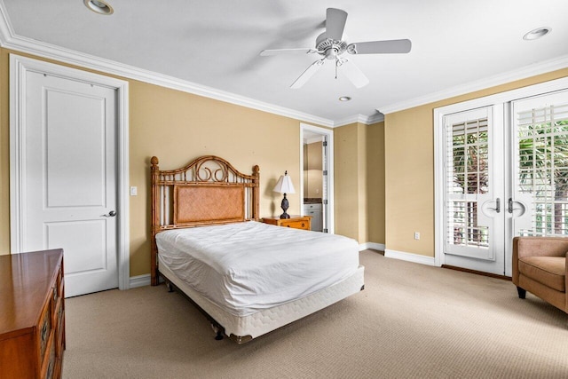 carpeted bedroom with french doors, ceiling fan, access to exterior, and crown molding