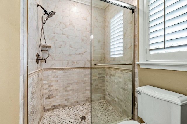 bathroom with toilet and an enclosed shower