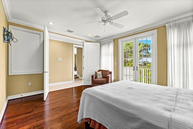 bedroom with ceiling fan, dark hardwood / wood-style floors, crown molding, french doors, and access to outside