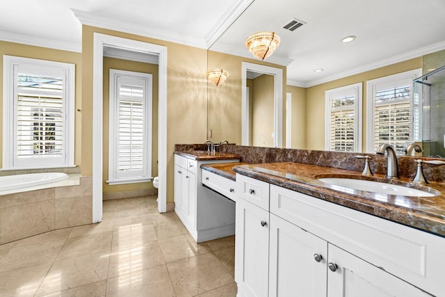 full bathroom with tile patterned floors, separate shower and tub, crown molding, vanity, and toilet