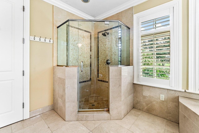 bathroom featuring an enclosed shower and crown molding