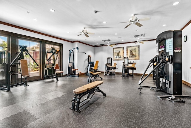 gym with ornamental molding and ceiling fan