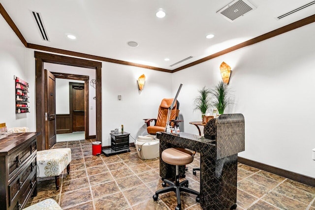 home office with crown molding