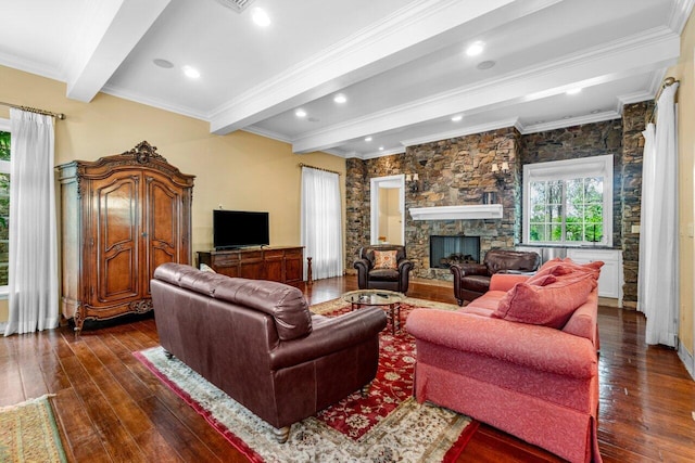 living room featuring a fireplace, beam ceiling, dark hardwood / wood-style flooring, and crown molding