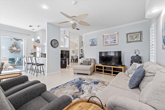 living room with lofted ceiling, a ceiling fan, baseboards, and crown molding