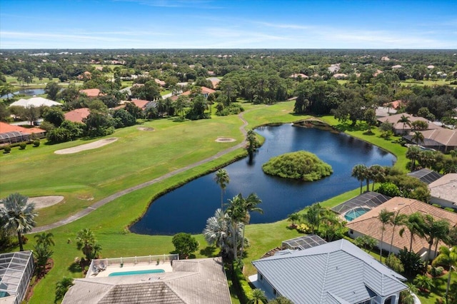 bird's eye view featuring a residential view, golf course view, and a water view