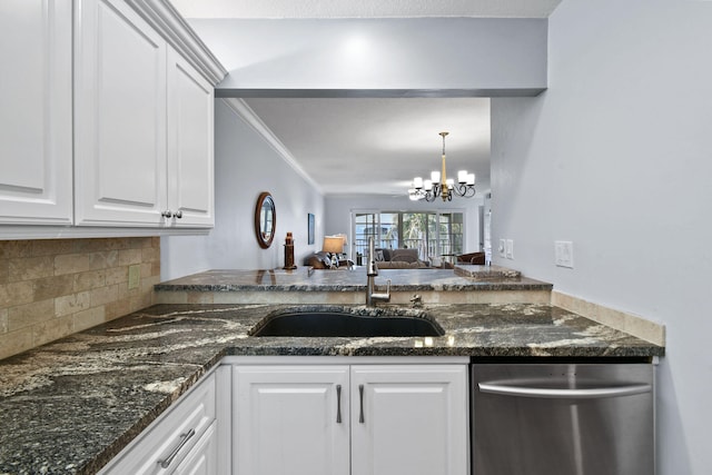 kitchen with sink, white cabinetry, an inviting chandelier, ornamental molding, and stainless steel dishwasher