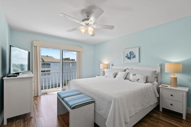 bedroom featuring ceiling fan, access to outside, and dark wood-type flooring