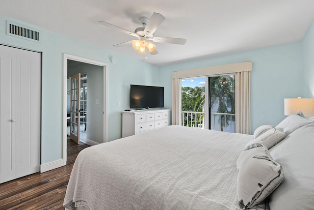 bedroom featuring a closet, ceiling fan, access to exterior, and dark wood-type flooring