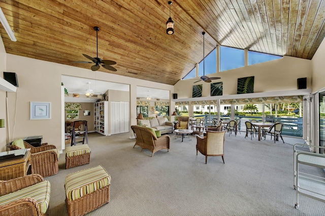 living room with high vaulted ceiling, wood ceiling, ceiling fan, and carpet flooring