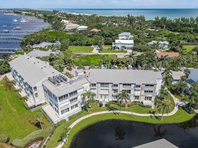 aerial view featuring a water view