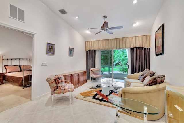 living room with lofted ceiling and ceiling fan