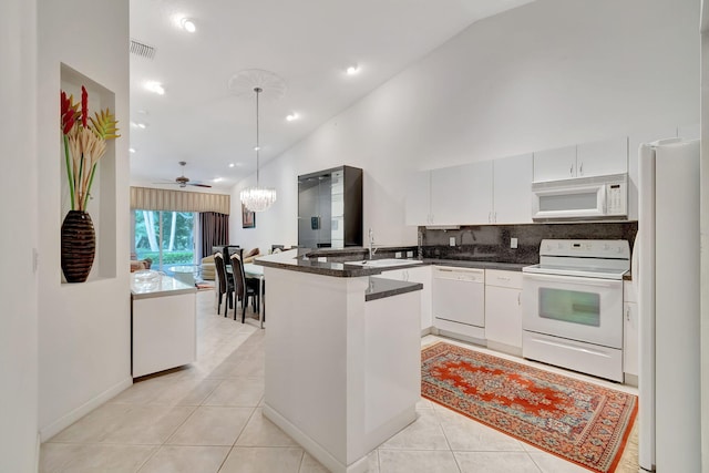 kitchen featuring kitchen peninsula, pendant lighting, white cabinetry, white appliances, and ceiling fan