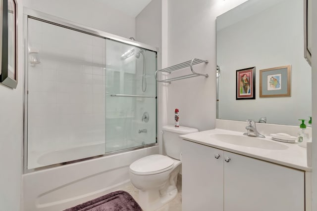 full bathroom with vanity, toilet, enclosed tub / shower combo, and tile patterned flooring