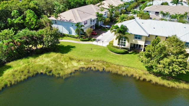 drone / aerial view with a water view