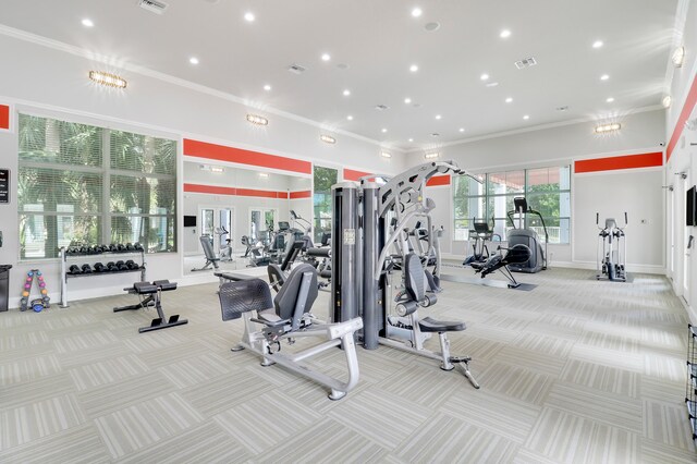 exercise room featuring ornamental molding