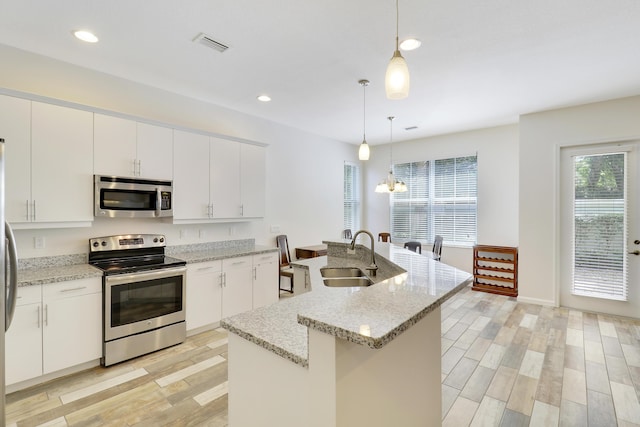 kitchen with pendant lighting, a center island with sink, white cabinets, sink, and appliances with stainless steel finishes