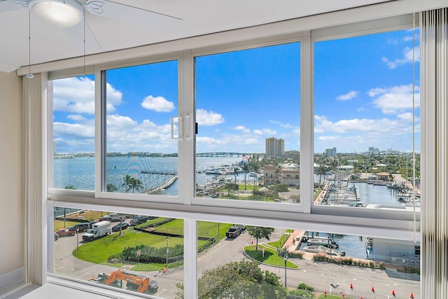 sunroom / solarium featuring a wealth of natural light and a water view