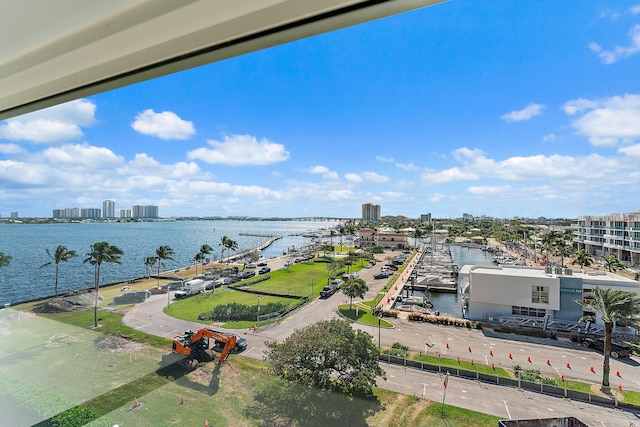 drone / aerial view featuring a water view