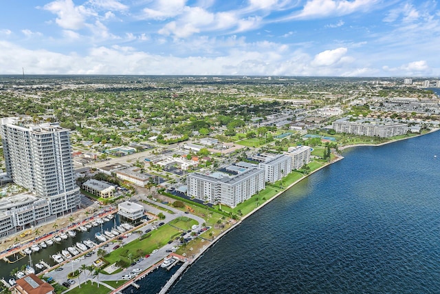 bird's eye view with a water view