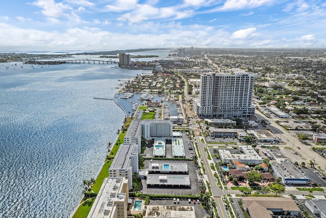 drone / aerial view featuring a water view