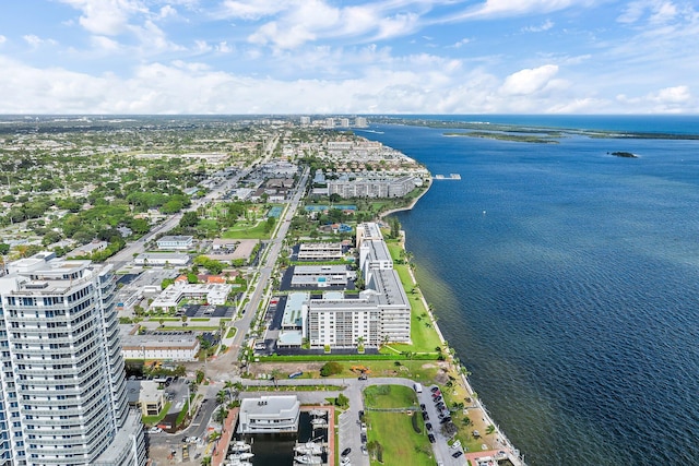 bird's eye view with a water view