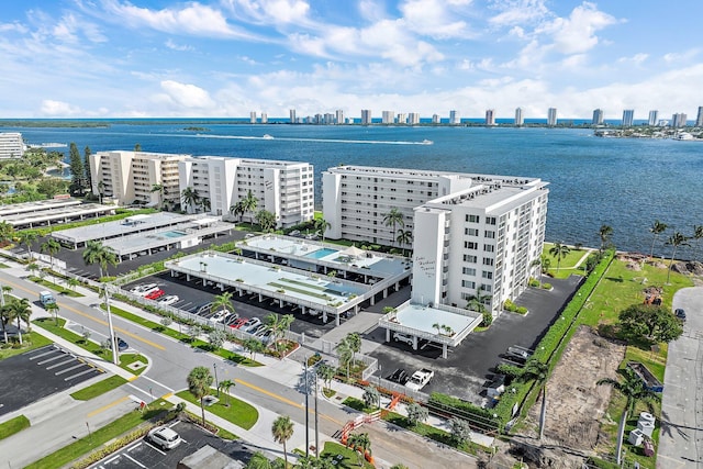 drone / aerial view with a water view