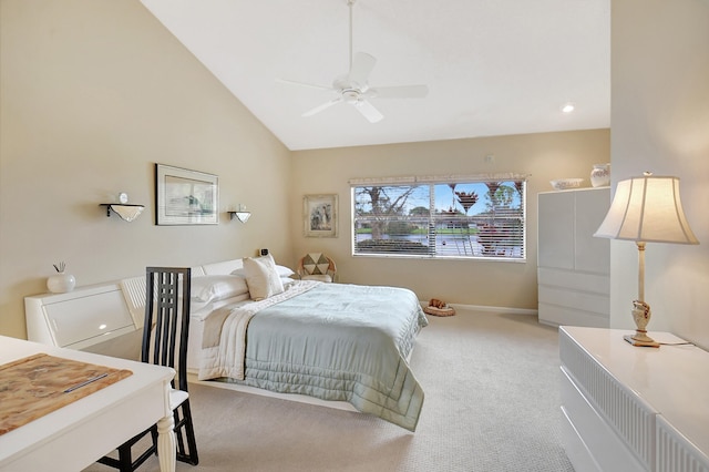 bedroom featuring high vaulted ceiling, carpet flooring, and ceiling fan