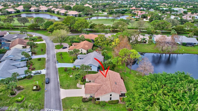 aerial view featuring a water view