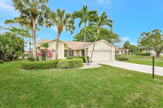 ranch-style home with a front lawn and a garage