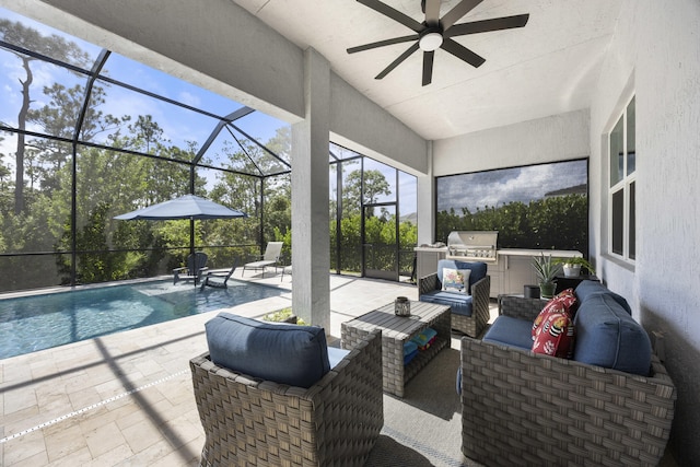 exterior space featuring ceiling fan and a pool