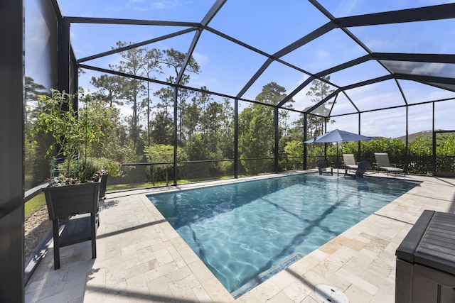 view of swimming pool featuring a lanai and a patio