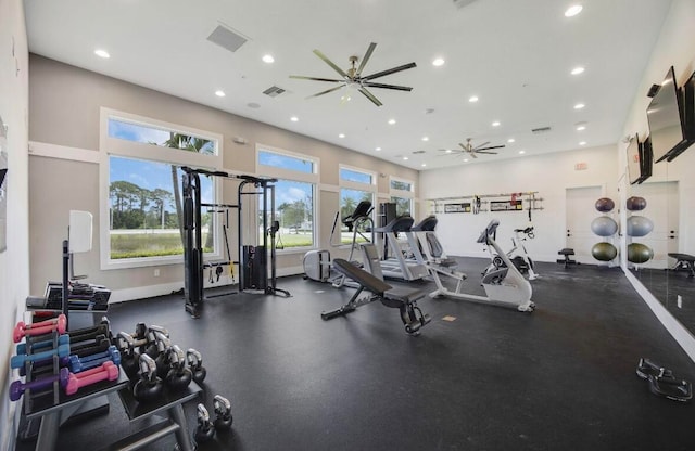 workout area with ceiling fan