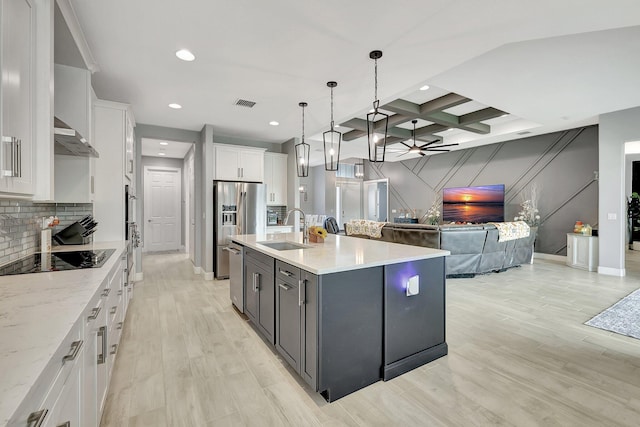 kitchen with sink, a center island with sink, decorative light fixtures, white cabinetry, and black electric cooktop