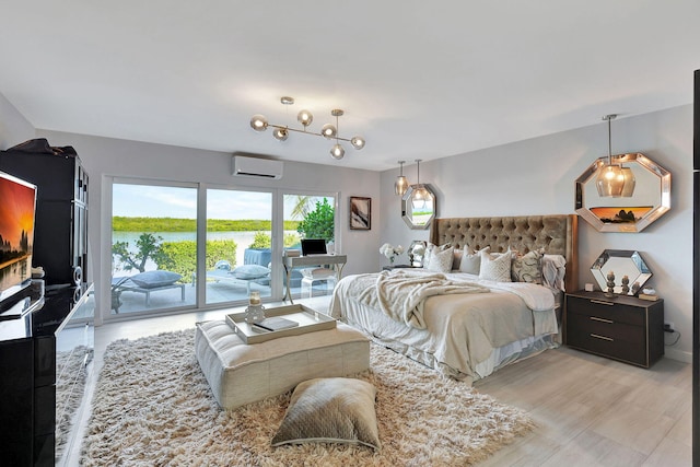 bedroom featuring a notable chandelier and tile walls