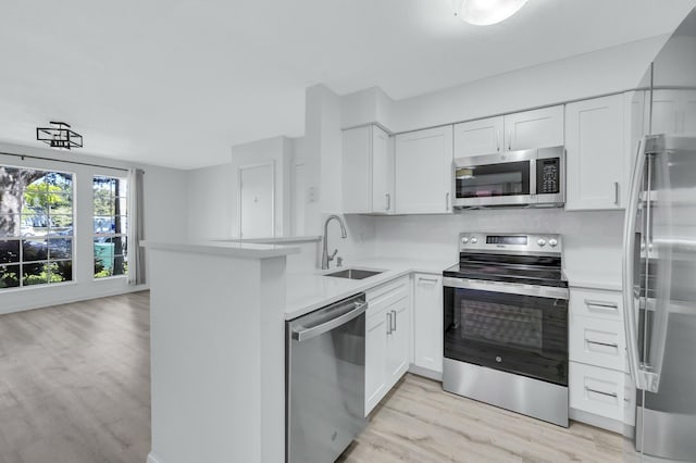 kitchen featuring white cabinetry, sink, kitchen peninsula, and appliances with stainless steel finishes