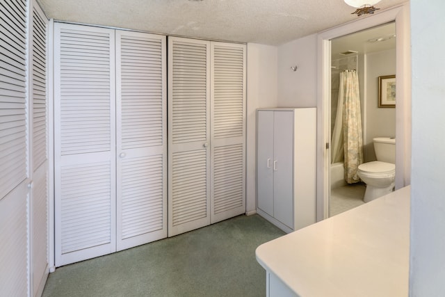 carpeted bedroom with a closet, a textured ceiling, and ensuite bath