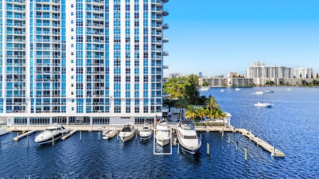 view of dock with a water view