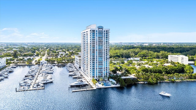 birds eye view of property featuring a water view