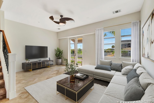 living room with ceiling fan