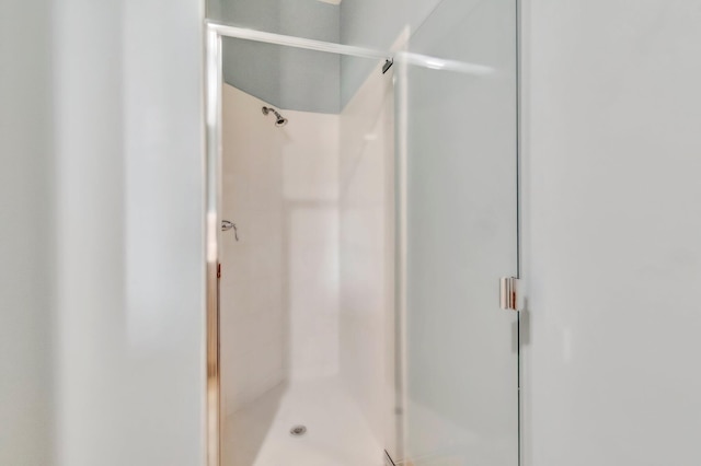 bathroom with a shower with door