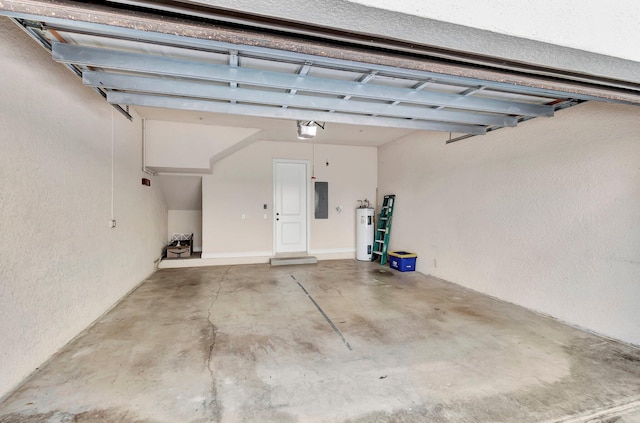 garage with water heater, a garage door opener, and electric panel