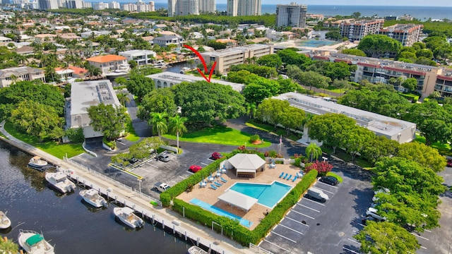 birds eye view of property featuring a water view