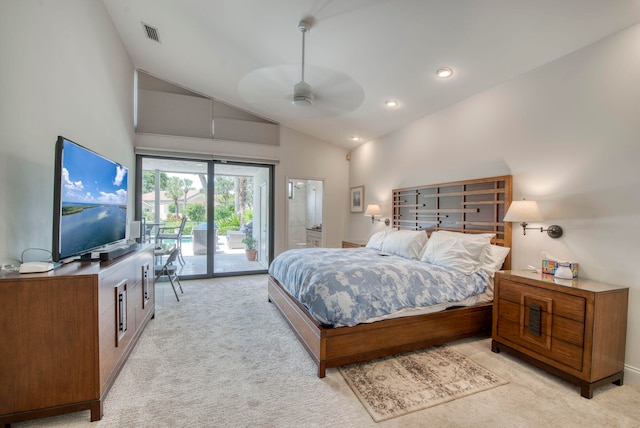 carpeted bedroom with high vaulted ceiling, ceiling fan, and access to outside