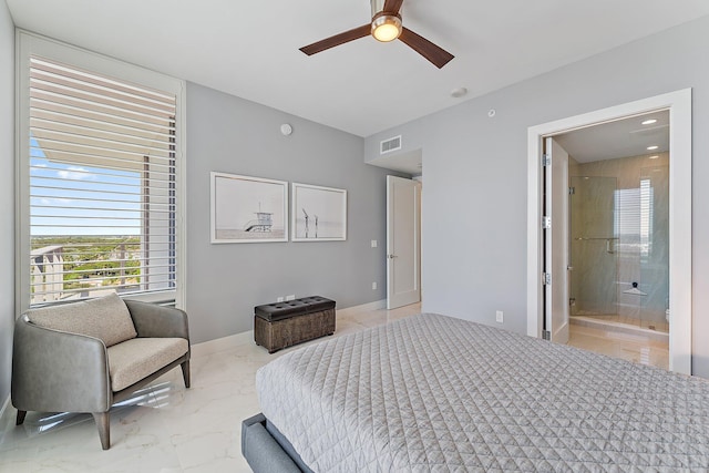 bedroom with ceiling fan and ensuite bathroom